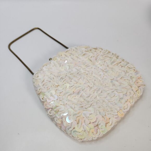 Unbranded Handbags - Vtg Handmade White Pearl Bead Sequin Clutch Evening Bag Gold Chain Clasp